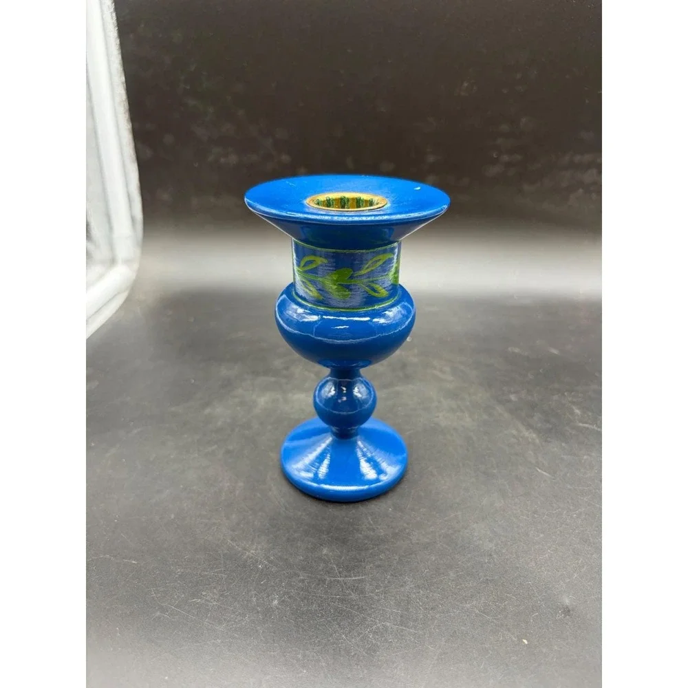 Vintage Blue Hand Painted Wooden Taper Candle Holder Folk Art Floral 5.25 Inch